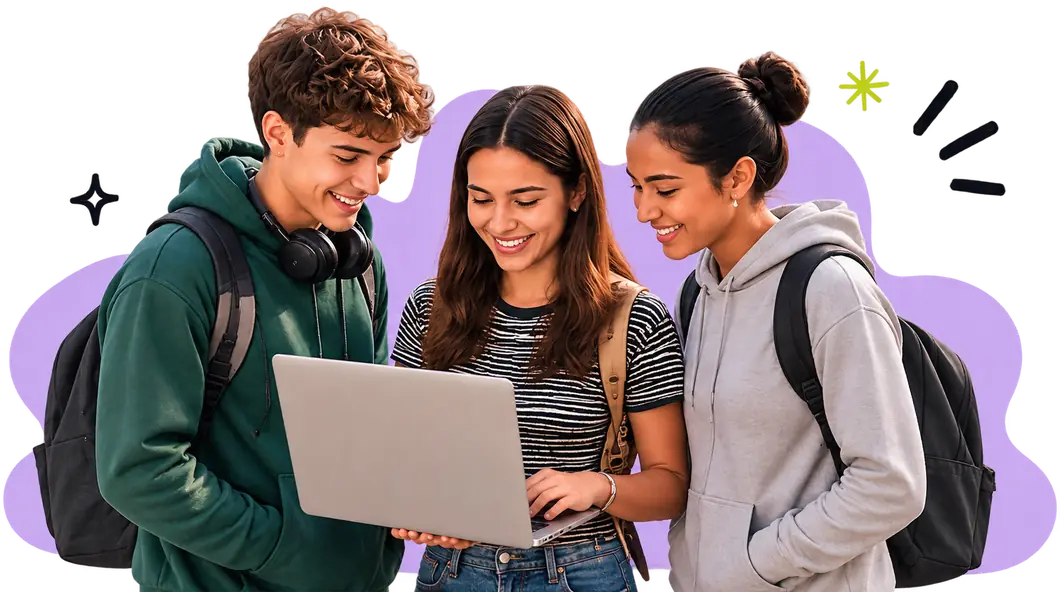 Tres estudiantes miran juntos la pantalla de un portátil