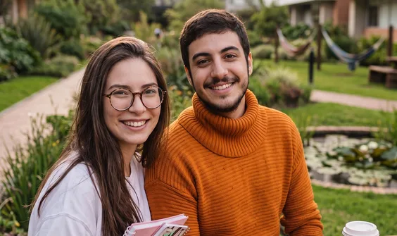 Dos estudiantes sentados en los jardines del campus